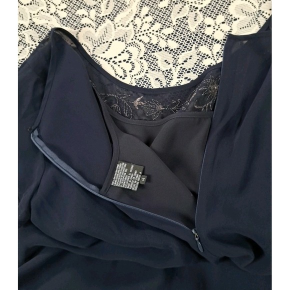 Liz Claiborne Dress Women's 14 Navy Blue Sheer Overlay Embroidered Neckline Zip - Picture 11 of 13